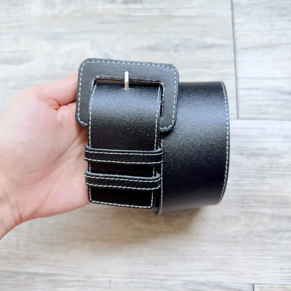 Vintage Wide Black Leather Belt Square Covered Buckle Size 30 Minimalist